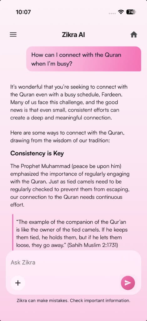 Zikra AI chat in Aylen: conversation with Quran and Hadith-grounded reply and Ask Zikra input